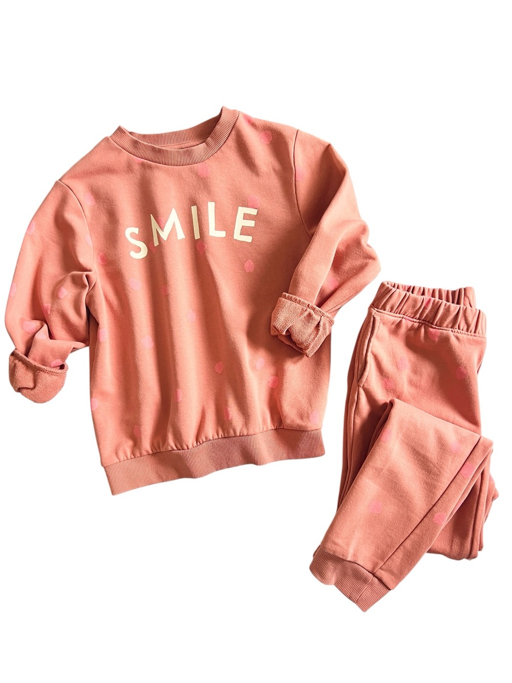 H&M Kids Pink Smile Sweatshirt & Legging Jogger Set Abstract Polka Dots Sz 6X